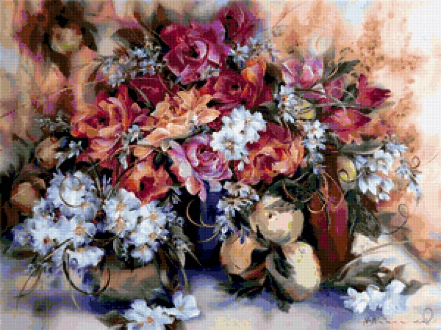 Натюрморт с яблоками - натюрморт, живопись, фрукты, цветы, букет - предпросмотр