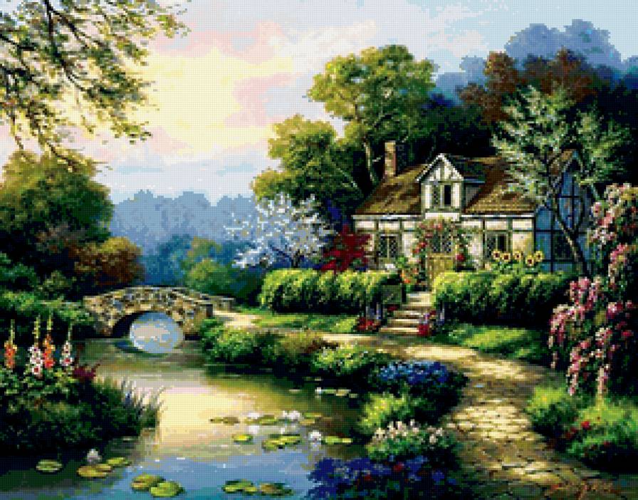 Домик - домик, река, цветы - предпросмотр