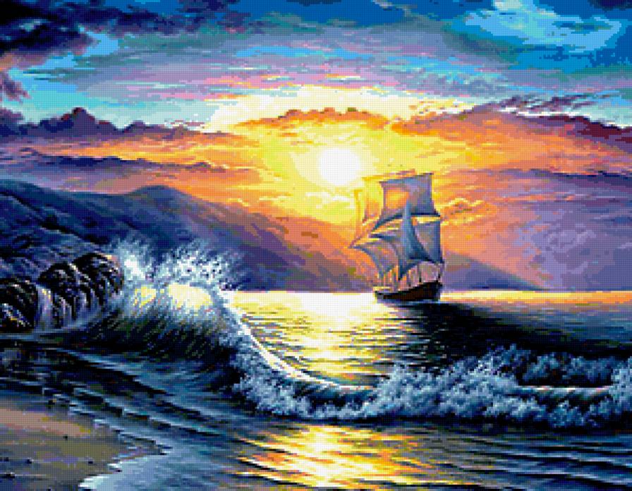 Закат на море - море, пейзаж, корабль, закат - предпросмотр