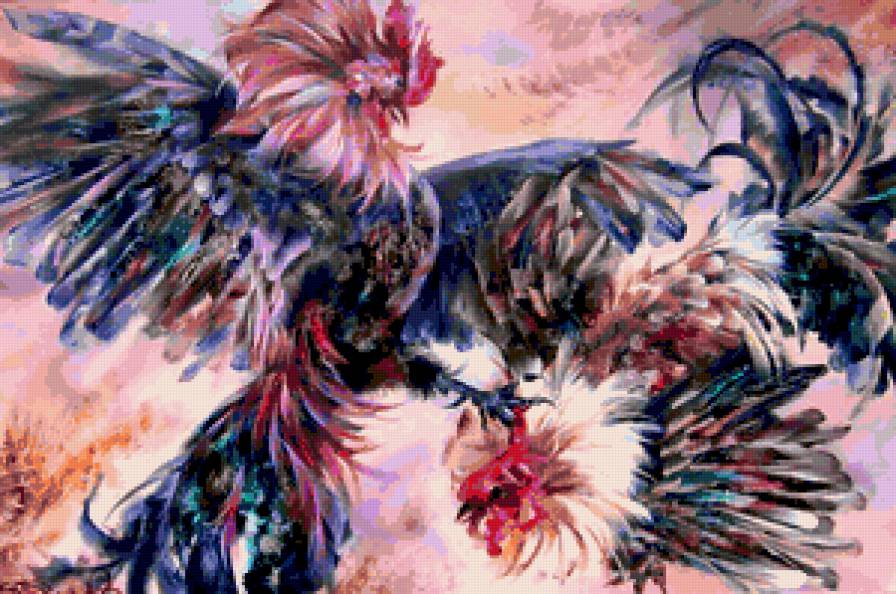 БОЙЦОВЫЕ ПЕТУХИ - живопись, птицы, петухи - предпросмотр