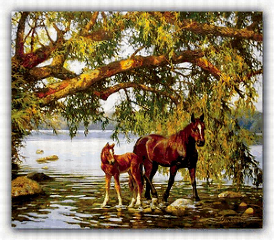 летний пейзаж - деревья, природа, вода, лето, река, кони - предпросмотр