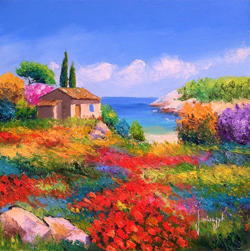 Цветущий пейзаж - цветы, домики, море, пейзаж - оригинал