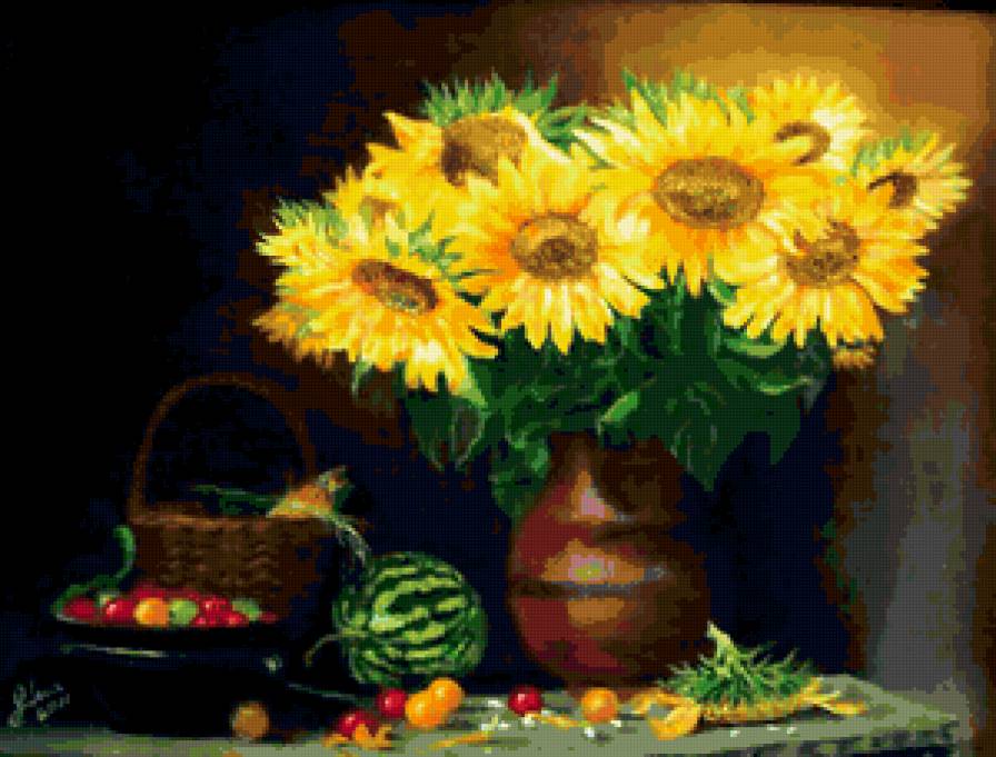 Натюрморт - цветы, подсолнухи, букет, арбуз - предпросмотр