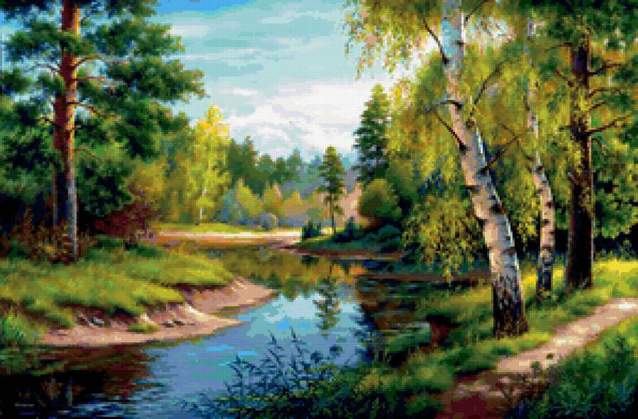 картина - лето, пейзаж, речка, лес, природа - предпросмотр
