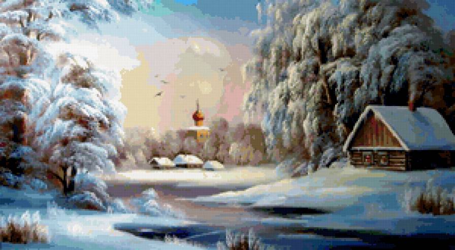 картина - церковь, речка, домик, пейзаж, зима, природа - предпросмотр