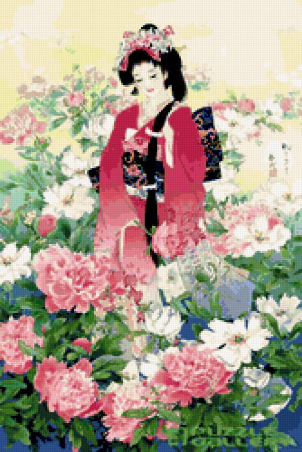 гейша - картина восток гейша цветы - предпросмотр