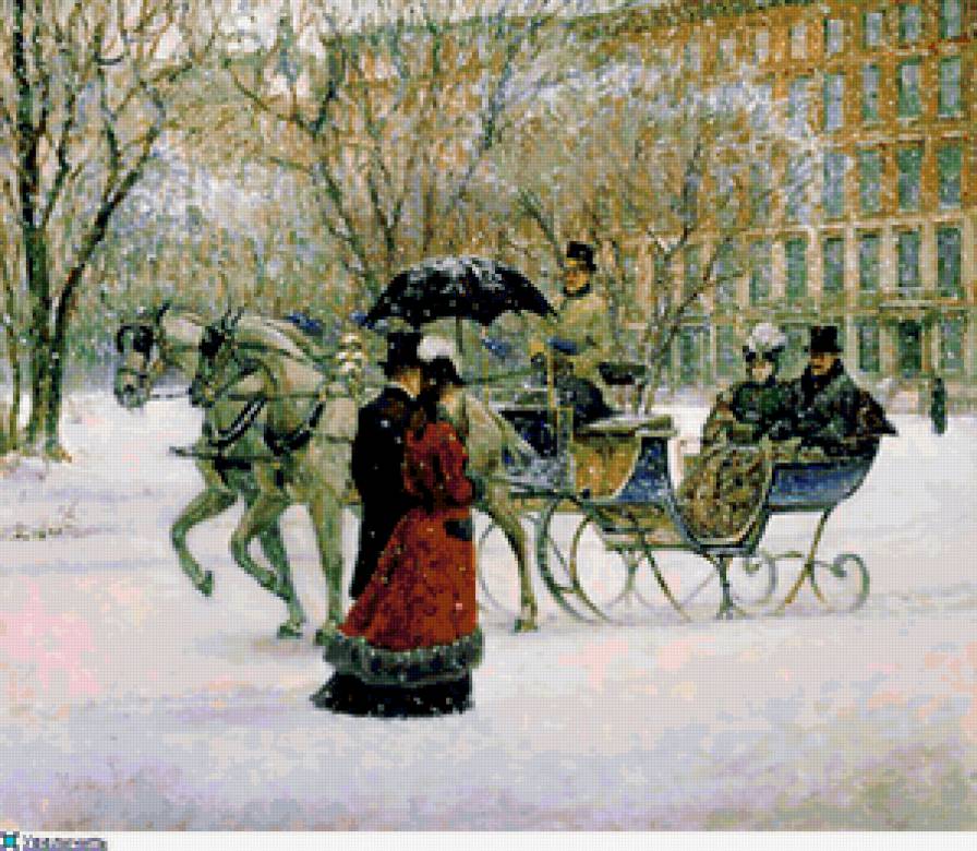 Городская прогулка - город, зима, сани, снег, пара, прогулка - предпросмотр