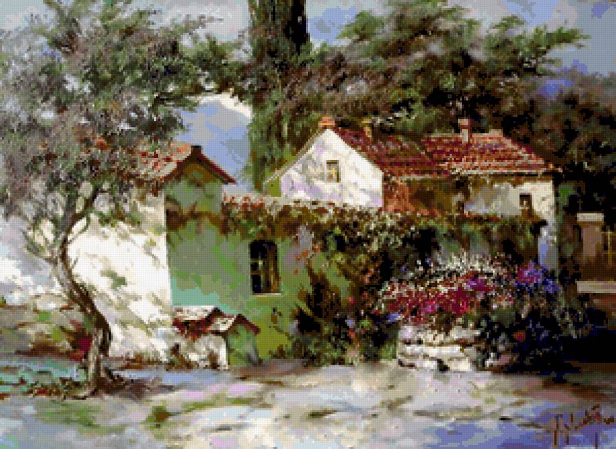 Пейзаж - цветы, домики, пейзаж - предпросмотр