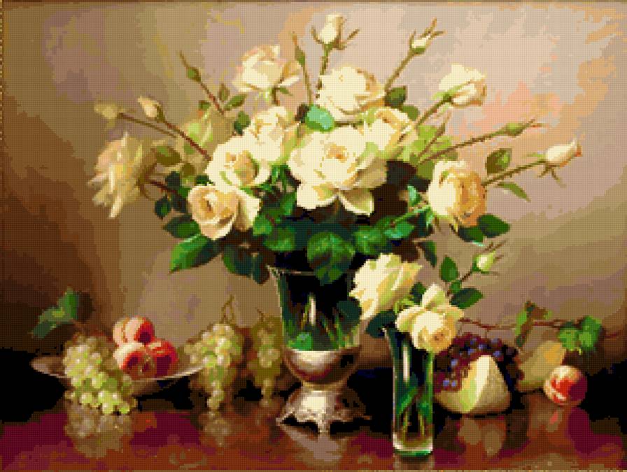 Розы и фрукты - флора.розы.натюрморт.виноград. фрукты, цветы, природа, букет - предпросмотр