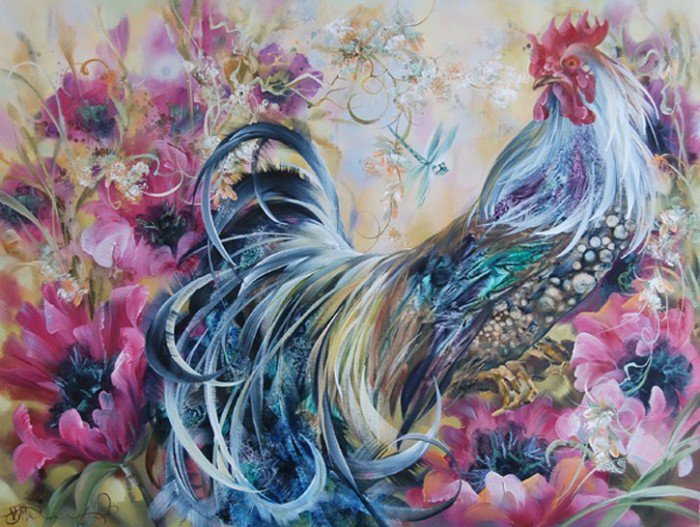 ПЕТУХ В МАКАХ - птицы, петухи, цветы, живопись, маки - оригинал