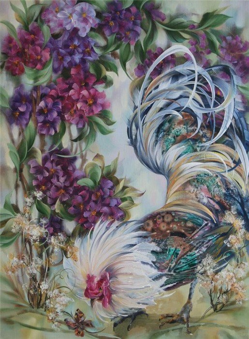 ПЕТУХ И БАБОЧКА - живопись, цветы, бабочки, птицы, петухи - оригинал