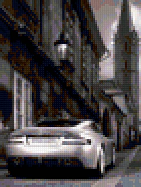 Черно белая - машинка, город, здания - предпросмотр