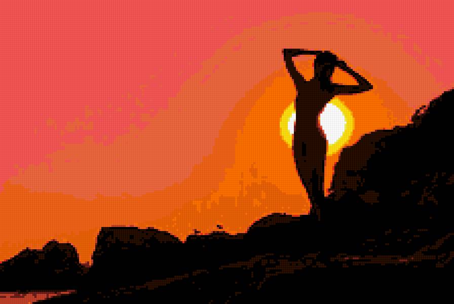 На закате - силуэт, два цвета, девушка, закат - предпросмотр