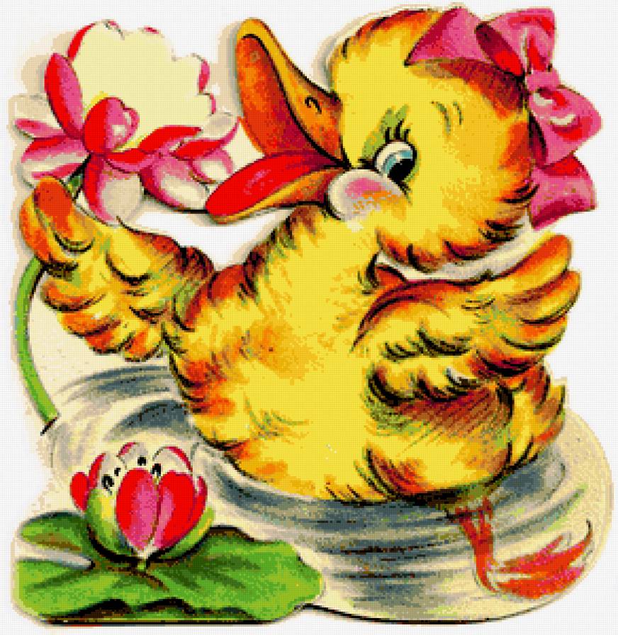 Утёнок с цветами - утенок, малыши, лилии, кувшинки, утята, деткам, винтаж, цветы - предпросмотр