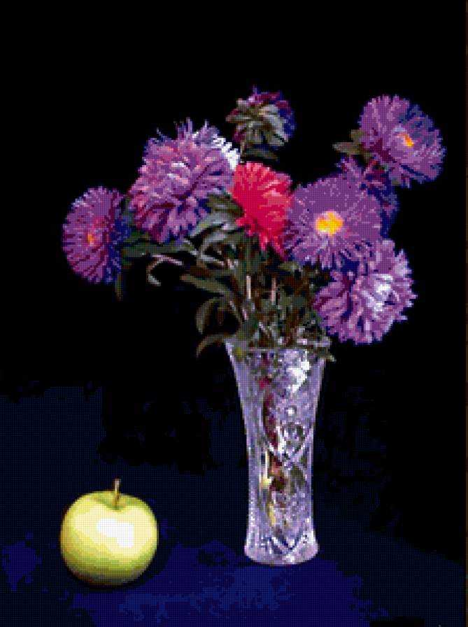 Астры с яблоком - картина, букет, фрукты, натюрморт, цветы, ваза - предпросмотр