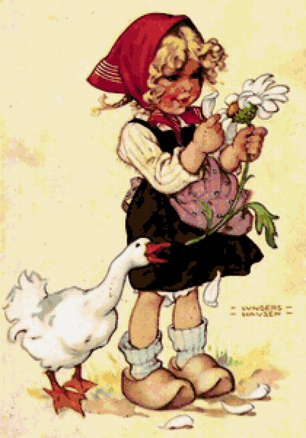 Гадание на ромашке - ромашка, гусь, деткам, девочка, птица, дети, цветы, ретро - предпросмотр