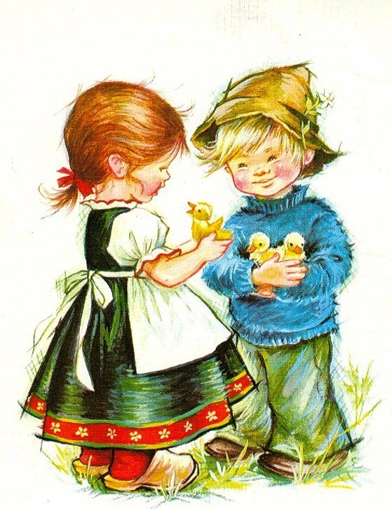 Дети с утятами - детки, утята, уточки, мальчик, ретро, дети, птенчики, девочка - оригинал