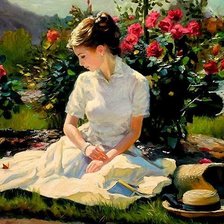 Схема вышивки «девушка в розовом саду»