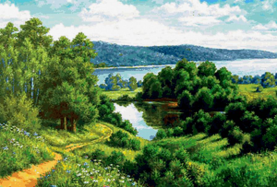 Вид на реку - пейзаж, сосны, река - предпросмотр