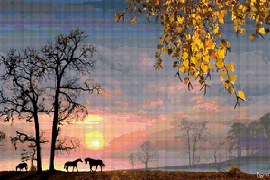 На закате - природа, лошади, закат - предпросмотр