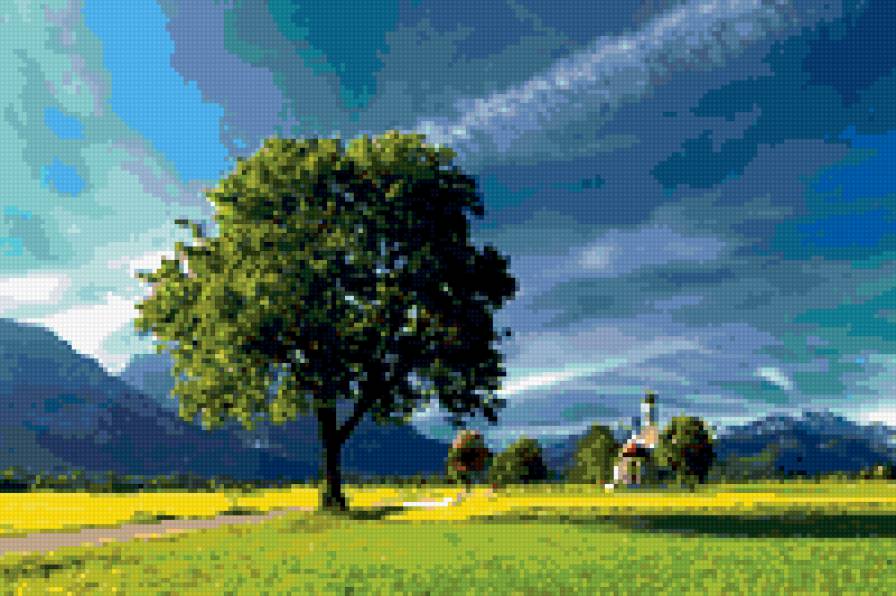 поле - весна, поле, дерево, домик - предпросмотр