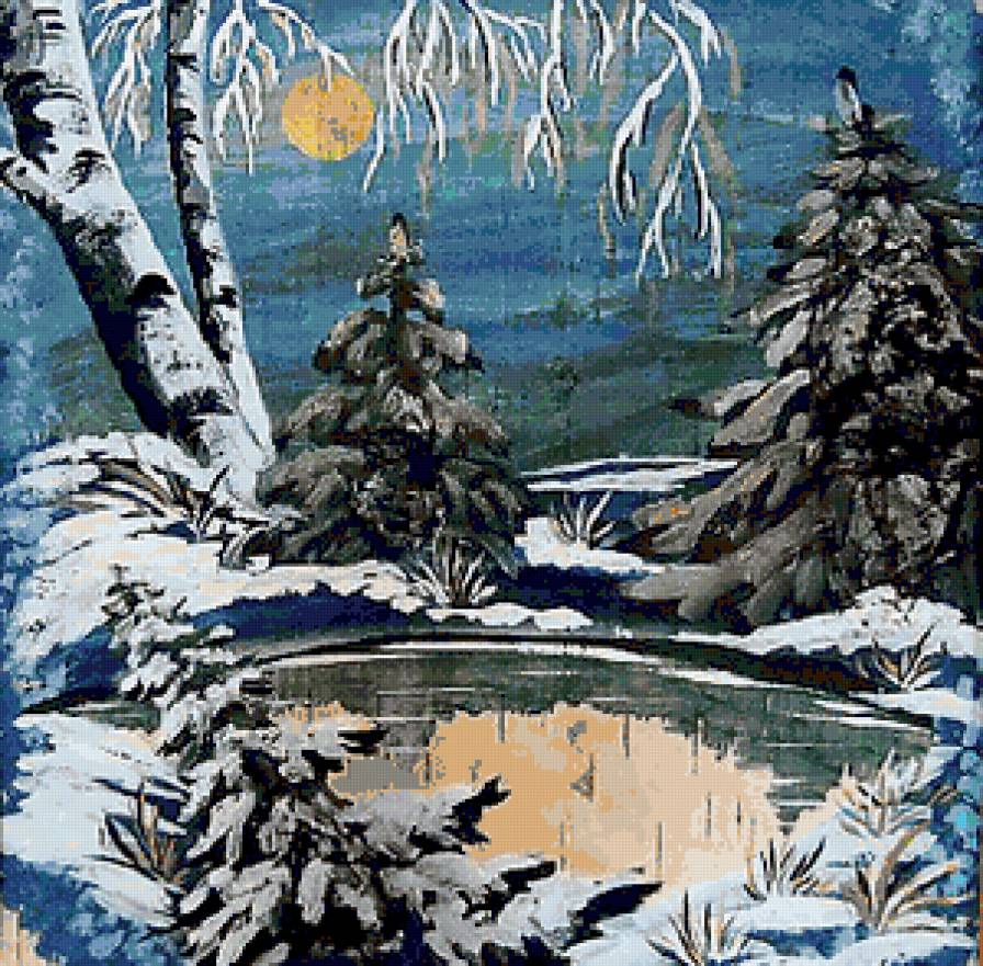 Зимний лес - луна, утро, снег, пейзаж, природа, зима, елки, лес, озеро - предпросмотр