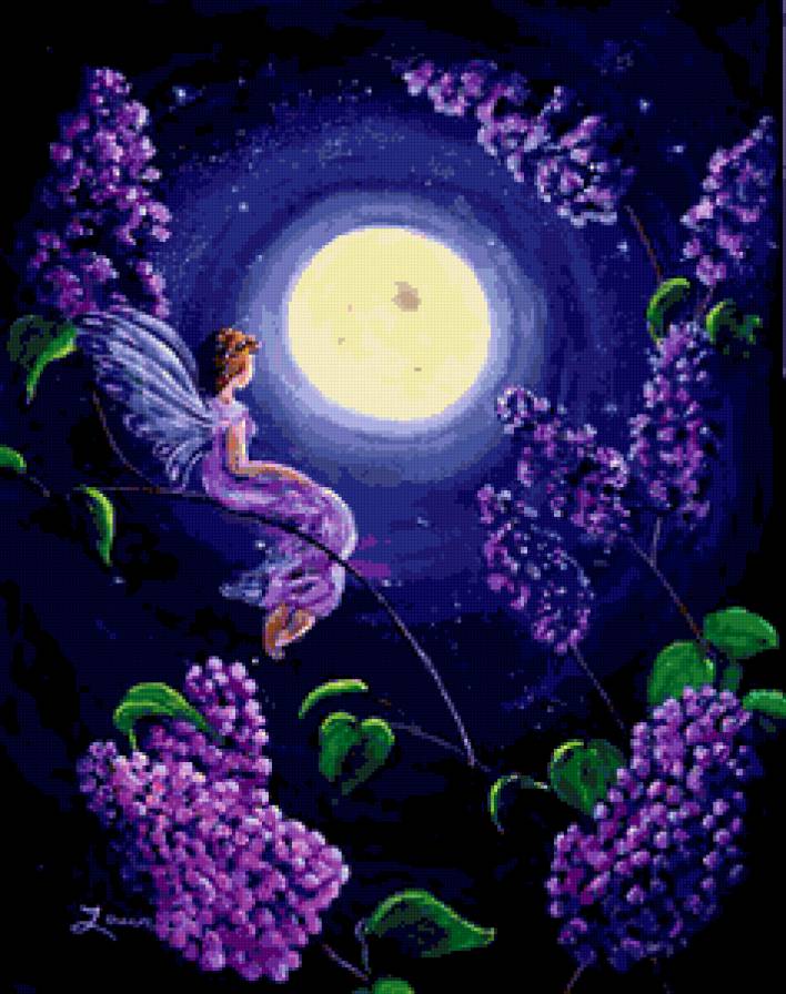 Сиреневая феечка - фантазия, луна, сказка, фея, на черной канве, цветы, сирень - предпросмотр