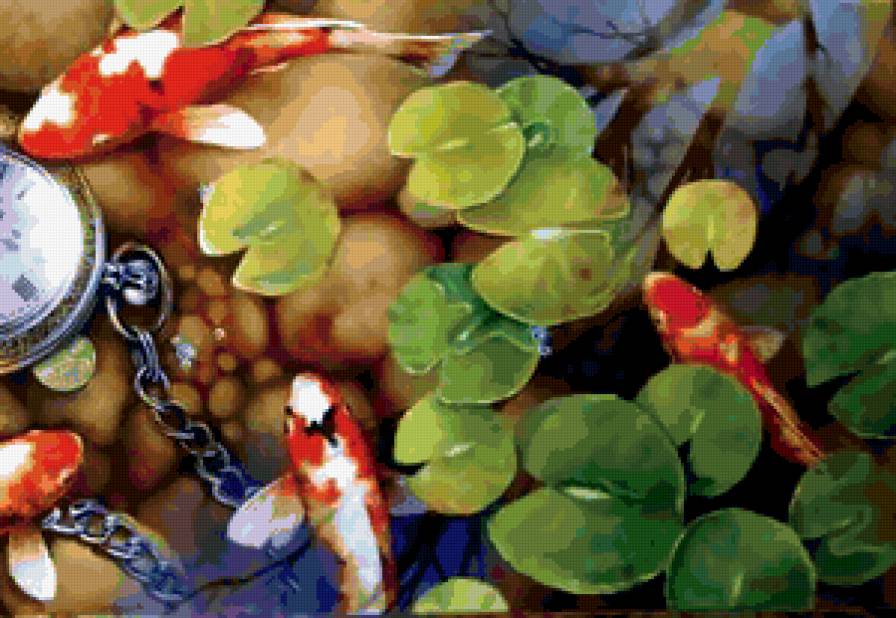 кои и время часть 2 - живопись, пруд, рыба, лотос, картина, карп, кои, часы - предпросмотр