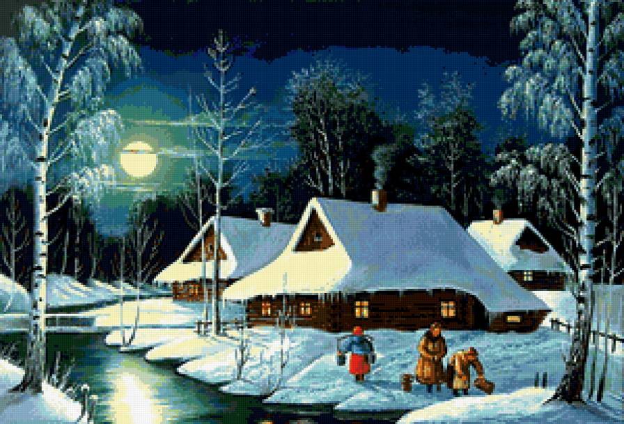 Зимняя ночь - пейзаж, ночь, луна, березки, зима, лед, река, село - предпросмотр