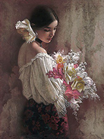картина - букет, девушка, цветы - оригинал