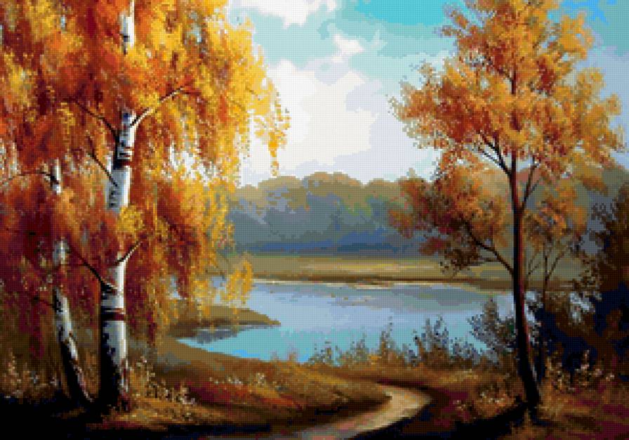 картина - пейзаж, природа, лето, лес, речка - предпросмотр