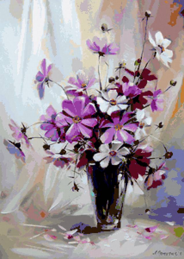 фиолетовый букет - букет, цветы, ваза, живопись, картина - предпросмотр