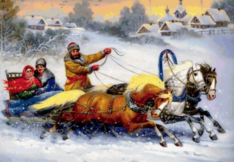 тройка - животные, люди, снег, зима, лес, дома - предпросмотр