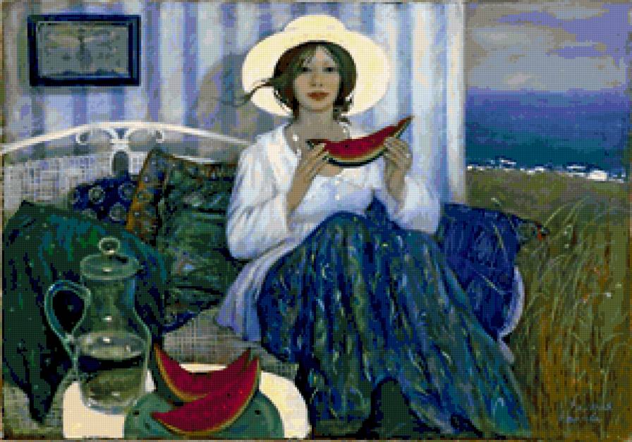 десерт - девушка, живопись, фрукты, люди - предпросмотр