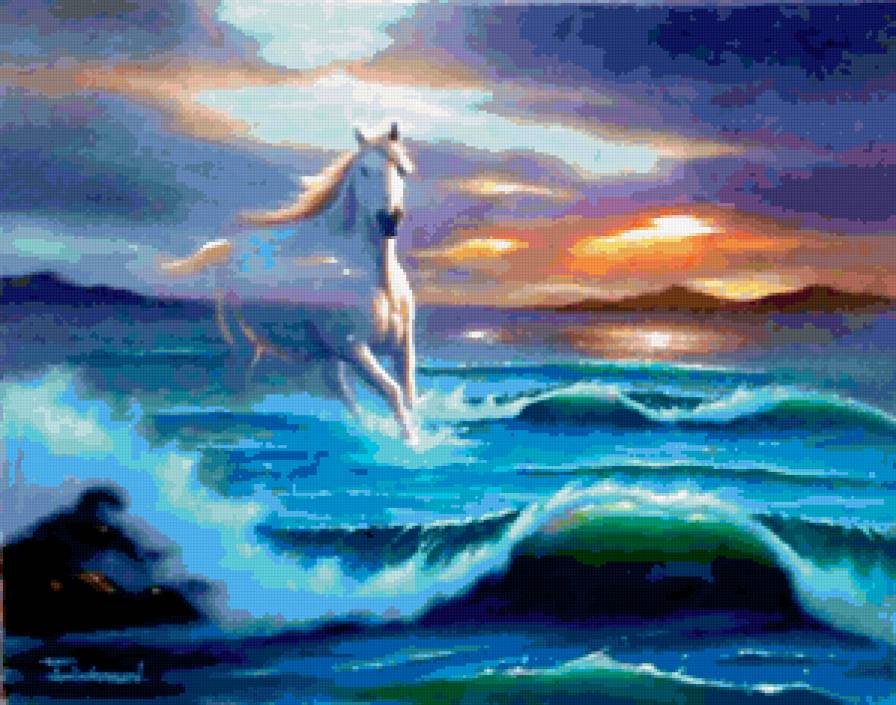 Бегущая по волнам - кони, море, животные, лошади, пейзаж - предпросмотр