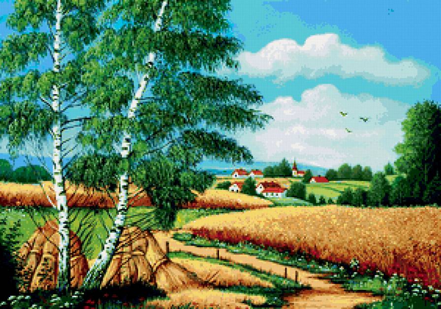 Летняя страда - березки, пейзаж, поля, пшеница, село, уборка урожая - предпросмотр