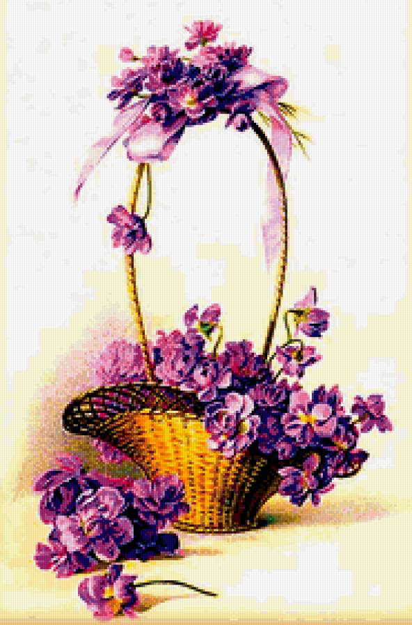 корзинка фиалок - букет, винтаж, ретро, корзина, цветы, фиалка - предпросмотр