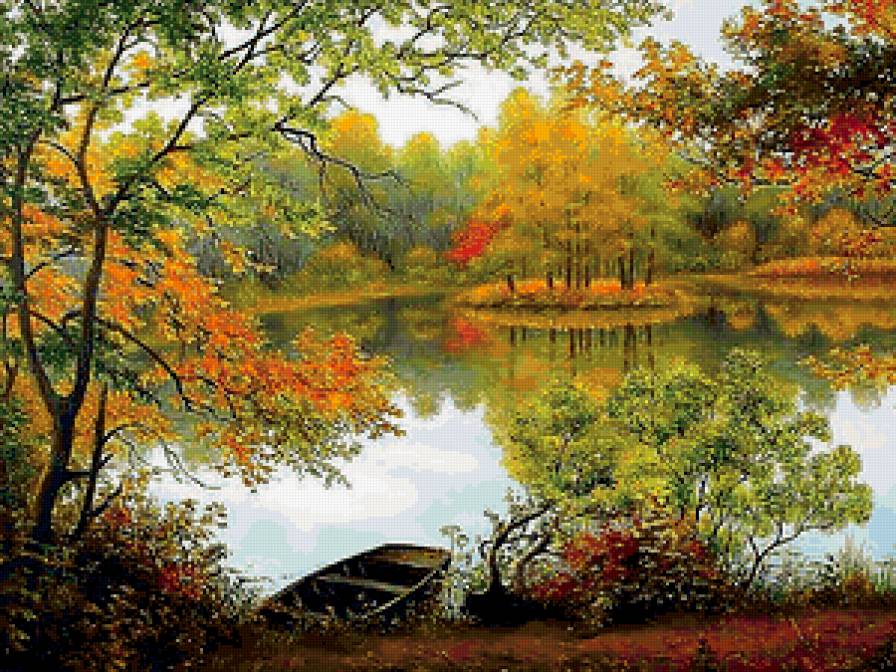 Лодка у берега - осень, пейзаж, лодка, озеро - предпросмотр