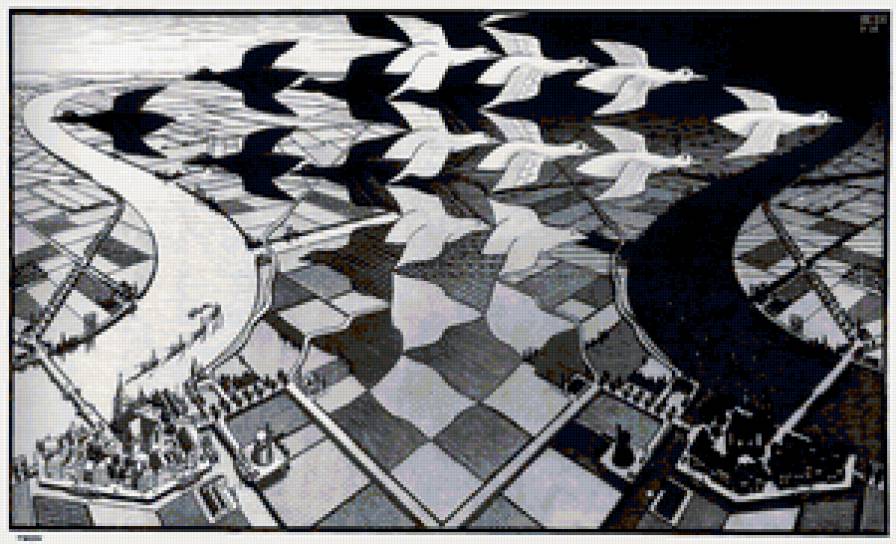 Эшер - монохром, рисунок, иллюзии, карандаш, эшер - предпросмотр