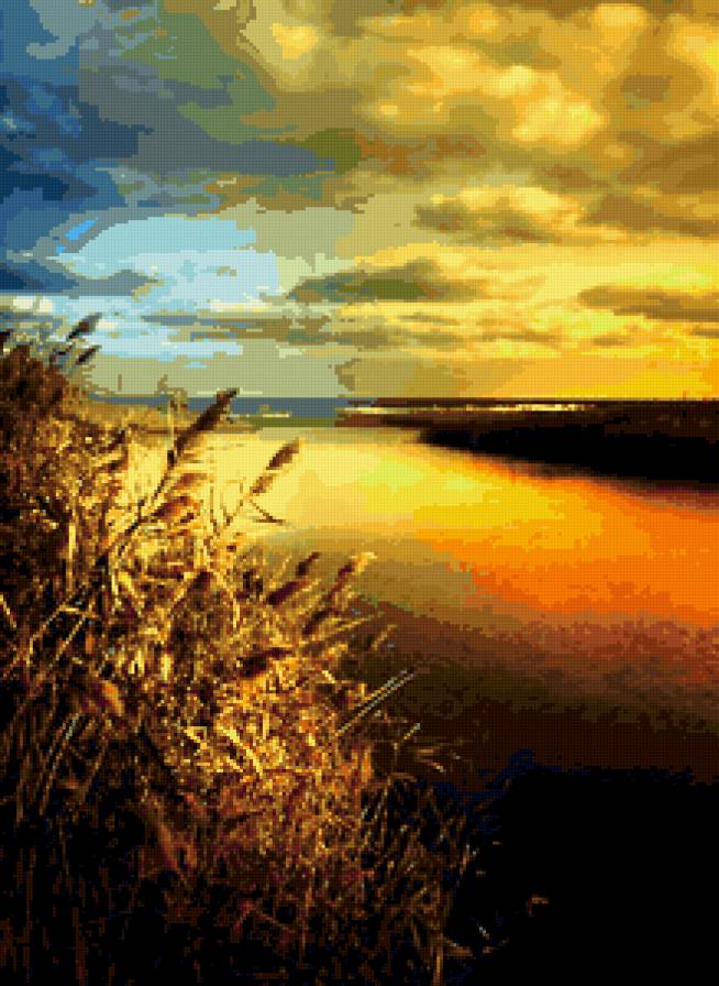 На закате - берег, пейзаж, закат, река, облака - предпросмотр