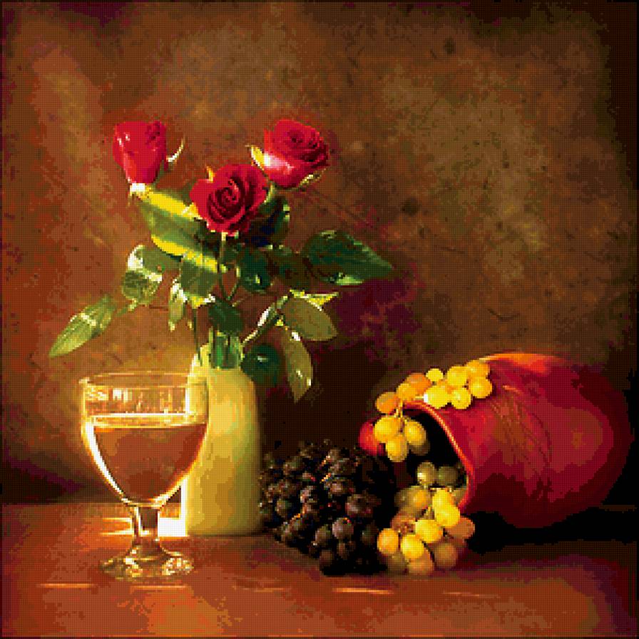 №339337 - натюрморт, цветы, фрукты, розы, вино, букет - предпросмотр