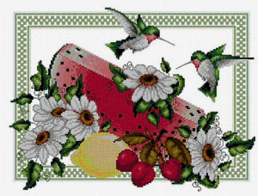 летний натюрморт - колибри, птицы, натюрморт, арбуз, лето, ромашки, цветы - предпросмотр