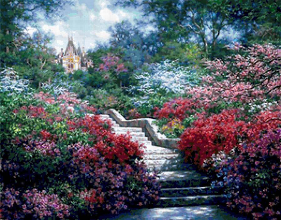 Садовая лестница. - пейзаж, сад, цветы, лестница, садовый пейзаж - предпросмотр