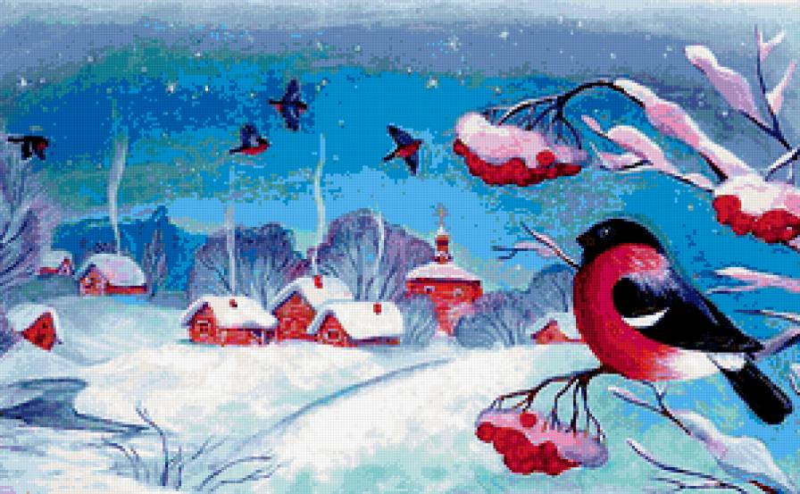 За окошком снегири... - снегири, птицы, рябина, зима - предпросмотр