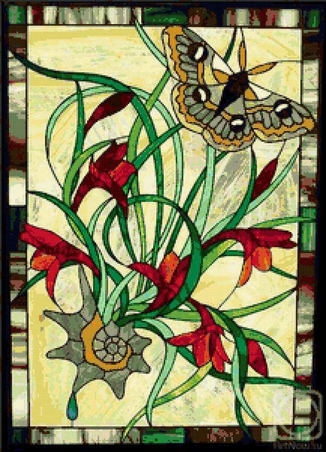 Витраж 2 - цветы, окна, бабочки, витраж - предпросмотр