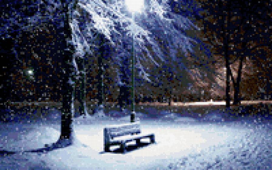 Тихий вечер - фонарь, снег, скамейка - предпросмотр