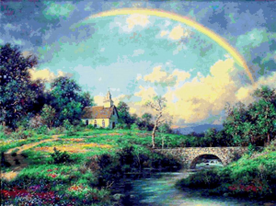 Пейзаж с радугой. - мост, пейзаж, радуга, река - предпросмотр