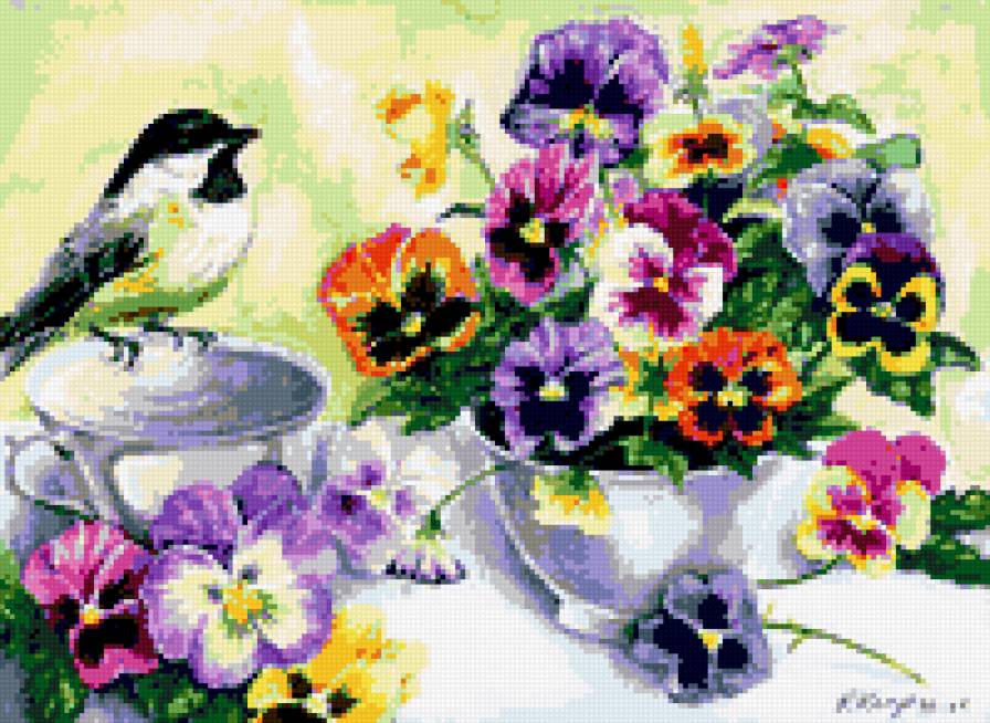 Анютены глазки и птичка - натюрморт, птичка, анютены глазки, букет цветов, цветы - предпросмотр