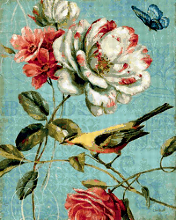 Райские птицы 1 - цветы, птицы, бабочки, розы - предпросмотр