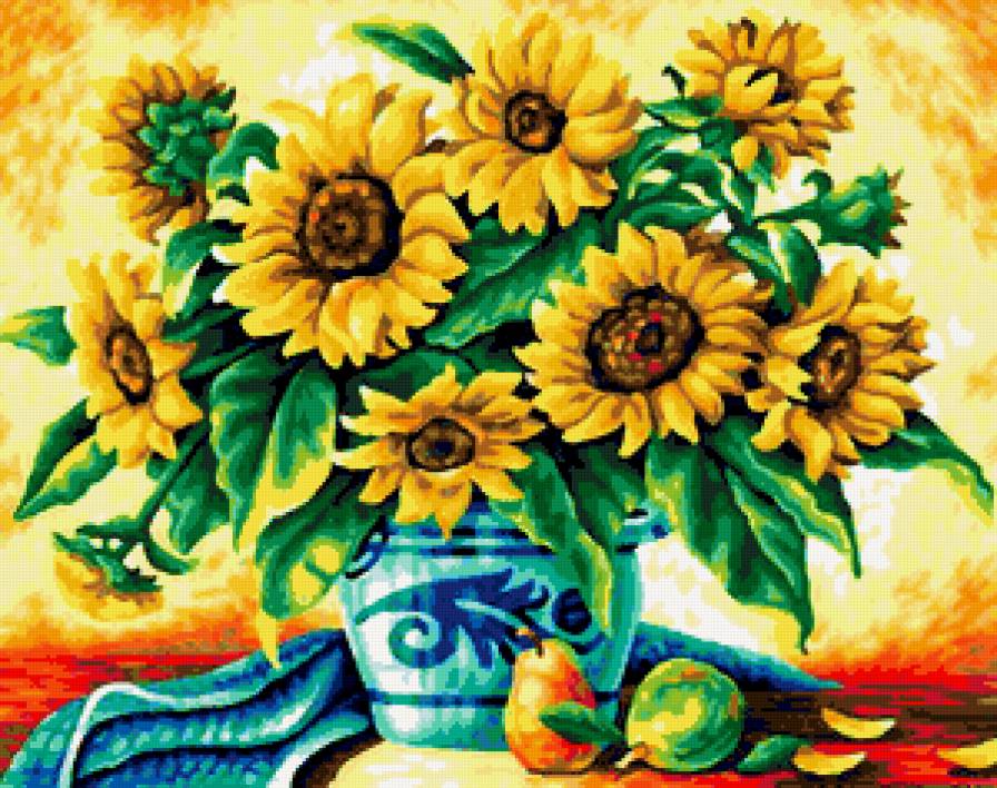Натюрморт с подсолнухами - цветы, фрукты, ваза, подсолнух, натюрморт, подсолнухи, букет - предпросмотр